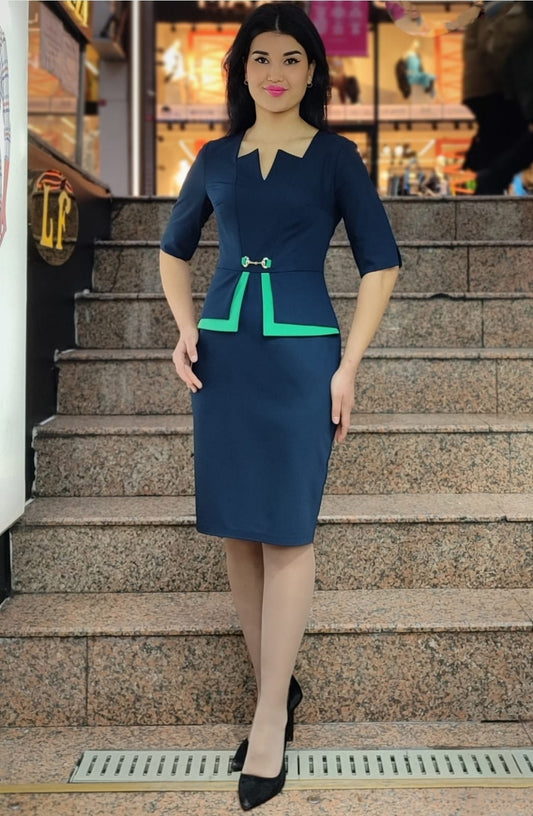 Navy Blue Pencil Dress with Green Accents – Sophisticated & Modern Look