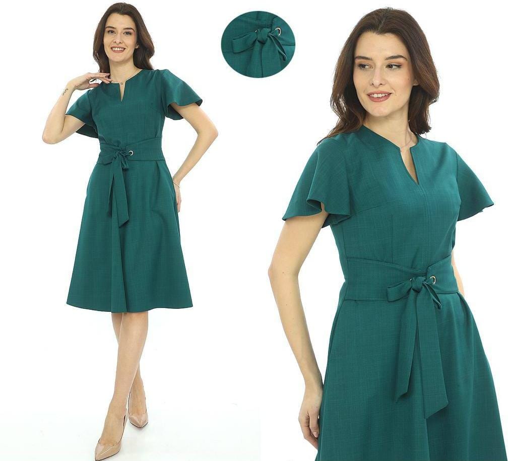 Elegant Teal Flare Sleeve Belted A-Line Dress – Chic & Comfortable