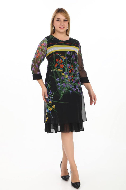 Floral Embroidered Sheer Sleeve Dress – Elegant and Vibrant Design